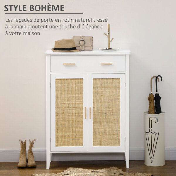 HOMCOM Botník se 2 dvířky s ratanovým efektem a zásuvkou - 80 x 35 x 110 cm - Bílý | Aosom