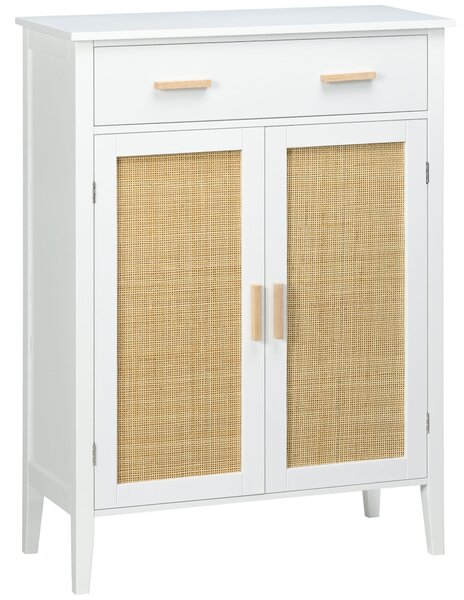 HOMCOM Botník se 2 dvířky s ratanovým efektem a zásuvkou - 80 x 35 x 110 cm - Bílý | Aosom