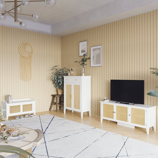 HOMCOM Botník se 2 dvířky s ratanovým efektem a zásuvkou - 80 x 35 x 110 cm - Bílý | Aosom