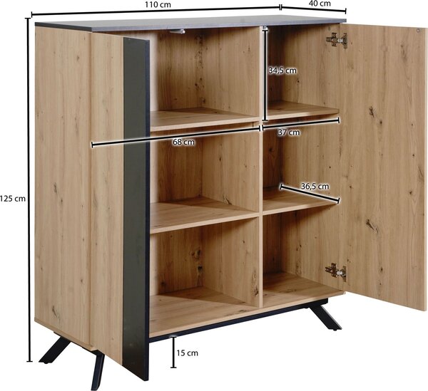 Příborník 110x125x40 cm mdf příborník v dekoru dub / černá | Wohnling