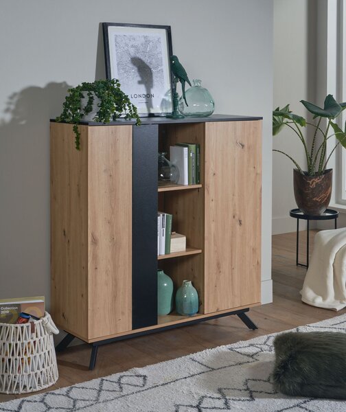 Příborník 110x125x40 cm mdf příborník v dekoru dub / černá | Wohnling