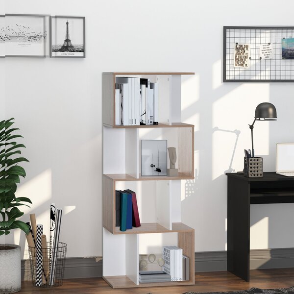 HOMCOM Moderní Regál S Tvarovým Designem, 4 Poličky, 60 Š x 24 H x 148 V cm, Dub Bílý | Aosom