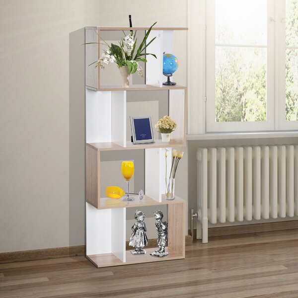 HOMCOM Moderní Regál S Tvarovým Designem, 4 Poličky, 60 Š x 24 H x 148 V cm, Dub Bílý | Aosom