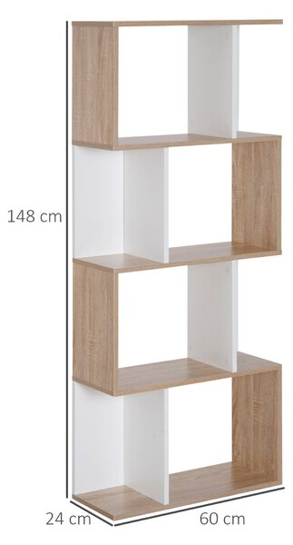 HOMCOM Moderní Regál S Tvarovým Designem, 4 Poličky, 60 Š x 24 H x 148 V cm, Dub Bílý | Aosom