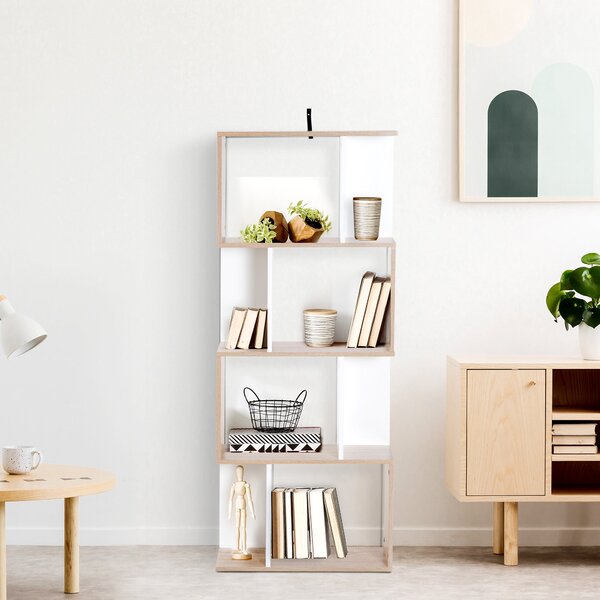 HOMCOM Moderní Regál S Tvarovým Designem, 4 Poličky, 60 Š x 24 H x 148 V cm, Dub Bílý | Aosom