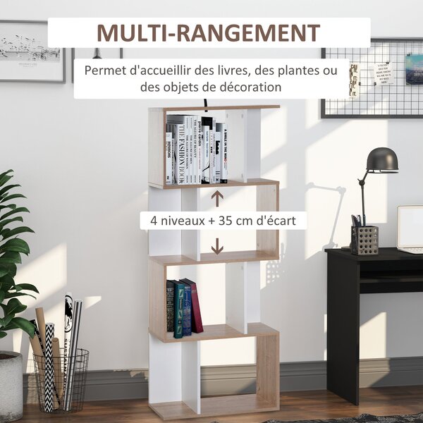 HOMCOM Moderní Regál S Tvarovým Designem, 4 Poličky, 60 Š x 24 H x 148 V cm, Dub Bílý | Aosom