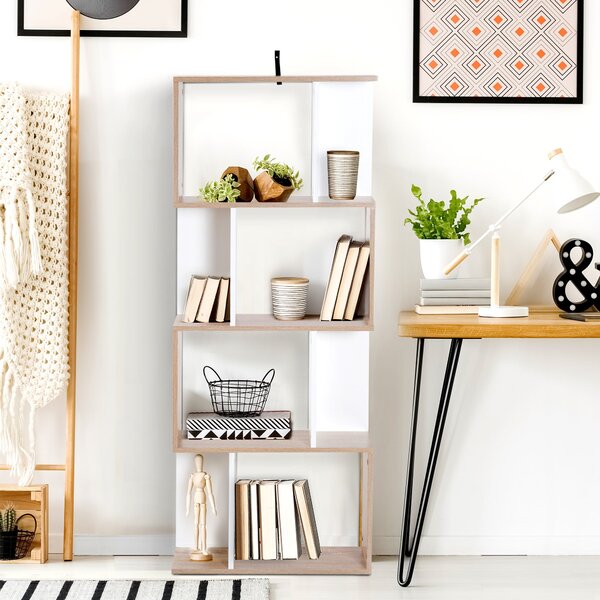 HOMCOM Moderní Regál S Tvarovým Designem, 4 Poličky, 60 Š x 24 H x 148 V cm, Dub Bílý | Aosom