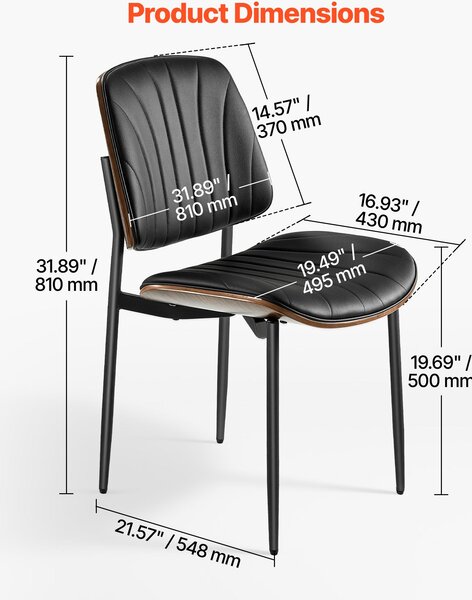 VEVOR retro jídelní židle (2 ks) elegantní čalouněná kožená židle (nosnost 158,76 kg) k jídelním stolům, prostorově úsporná židle ke kuchyňskému stolu se silnými polštáři a kovovými nohami, černá kavárna