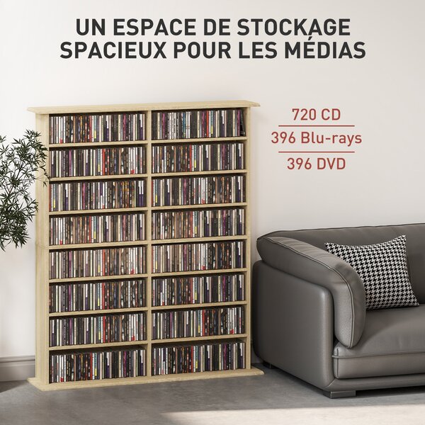 HOMCOM Úložný box na CD a DVD, multifunkční jednotka s 16 přihrádkami a 12 nastavitelnými policemi, max. kapacita 720 CD/396 DVD a Blu-ray, 106,5 x 24