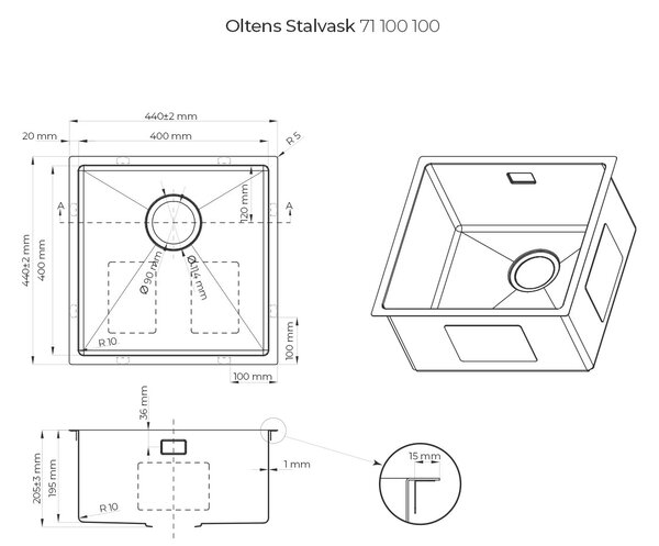 Oltens Stalvask ocelový dřez 44x44 cm ocel 71100100