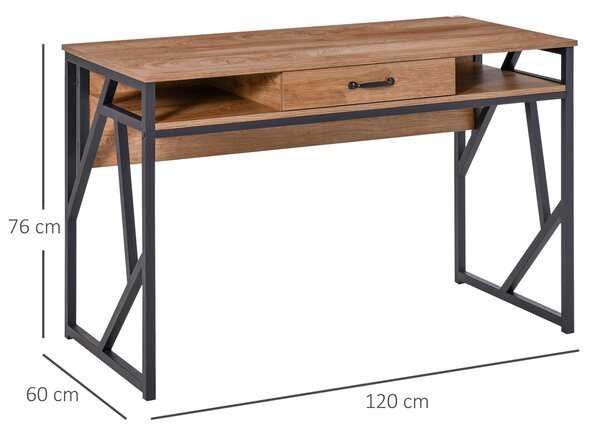HOMCOM Pracovní stůl v industriálním stylu 120D x 60Š x 76V cm Se zásuvkou + 2 policemi Černé kovové nohy Ořechová dřevinová vrchní část | Aosom