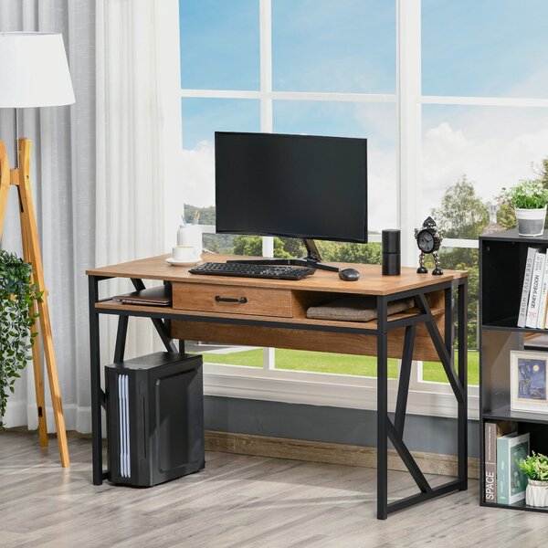 HOMCOM Pracovní stůl v industriálním stylu 120D x 60Š x 76V cm Se zásuvkou + 2 policemi Černé kovové nohy Ořechová dřevinová vrchní část | Aosom