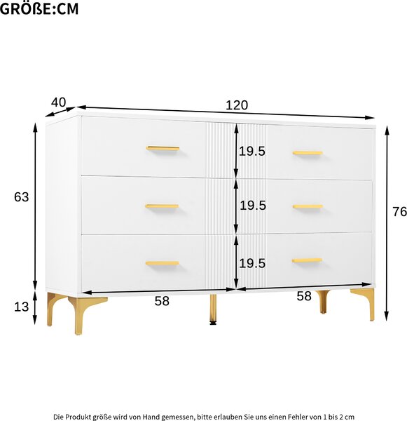 Komoda Flieks se 6 zásuvkami, 120x40x76 cm, úložná komoda se zlatými kovovými nožkami, boční skříňka bílá