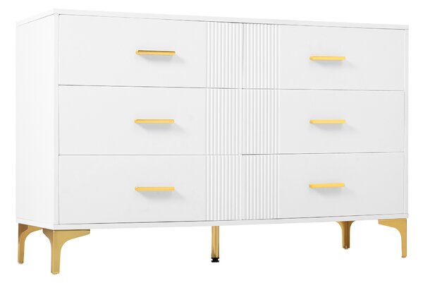 Komoda Flieks se 6 zásuvkami, 120x40x76 cm, úložná komoda se zlatými kovovými nožkami, boční skříňka bílá