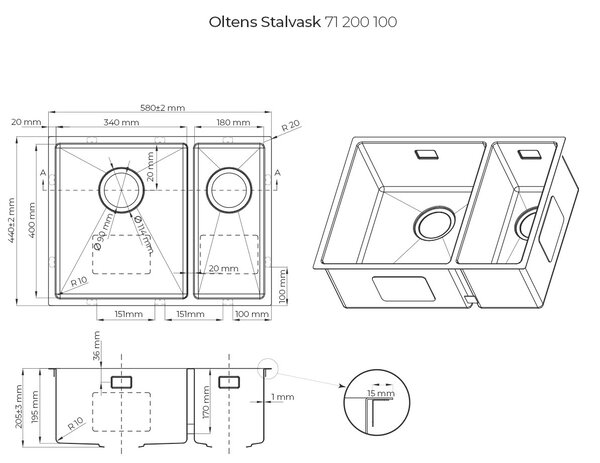 Oltens Stalvask ocelový dřez 58x44 cm ocel 71200100