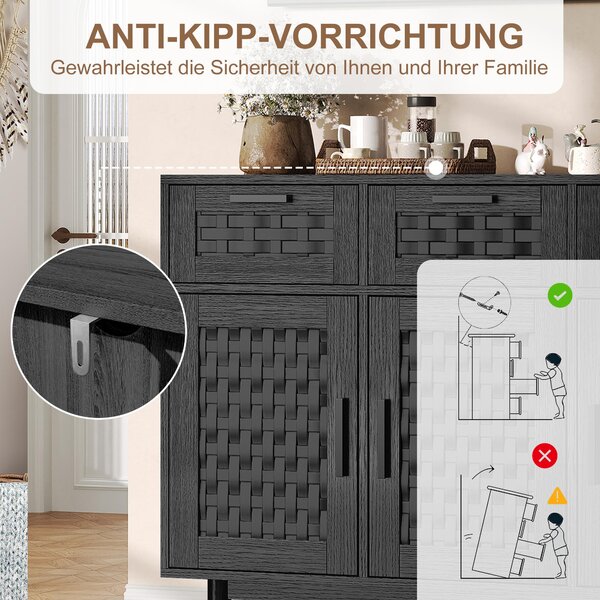 UnboxG Černá komoda z dřevěného kompozitu s designem imitujícím PVC ratan, moderní úložná skříňka s dvířky a zásuvkami do obývacího pokoje a jídelny