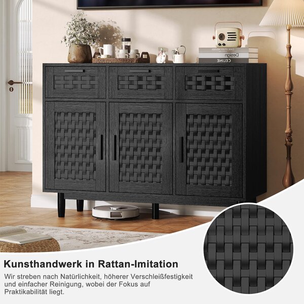 UnboxG Černá komoda z dřevěného kompozitu s designem imitujícím PVC ratan, moderní úložná skříňka s dvířky a zásuvkami do obývacího pokoje a jídelny