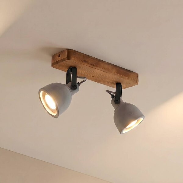 Lindby Spot Mitis, 30 cm, 2 světla, šedá, dřevo, beton, GU10, stmívatelný, Tmavé dřevo, Obývací pokoj / jídelna, Beton, Industriální design