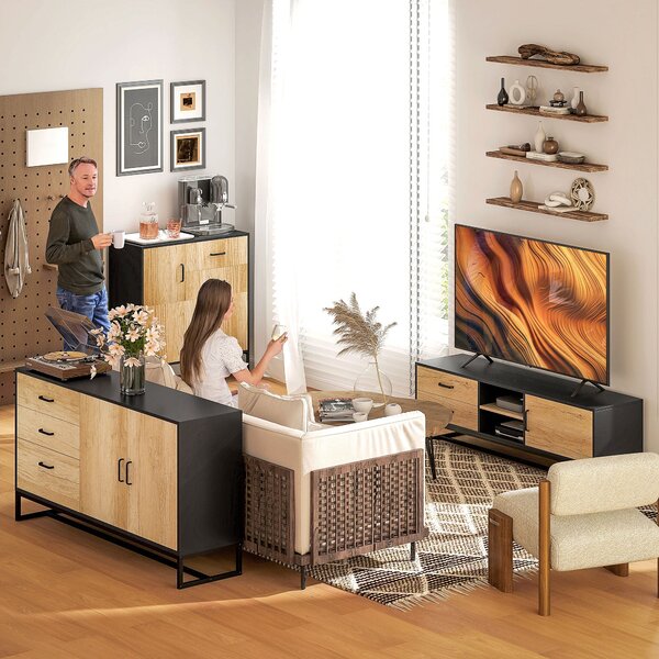 HOMCOM Moderní komoda se 3 skříněmi a 2 zásuvkami, víceúčelová komoda z dřevotřísky a oceli, 80x35x85 cm, Černá a dřevěná barva | Aosom