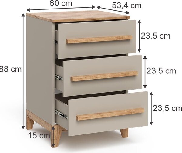Kredenc Vitalispa Malia Kašmír/Řemeselné 60 x 88 cm se 3 zásuvkami, Model 58345