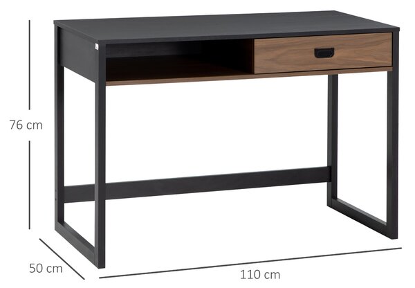 HOMCOM Pracovní stůl v industriálním designu s velkým stolem a zásuvkou na polici v dřevotřískové desce 110 x 50 x 76 cm v ořechové a černé barvě | Ao