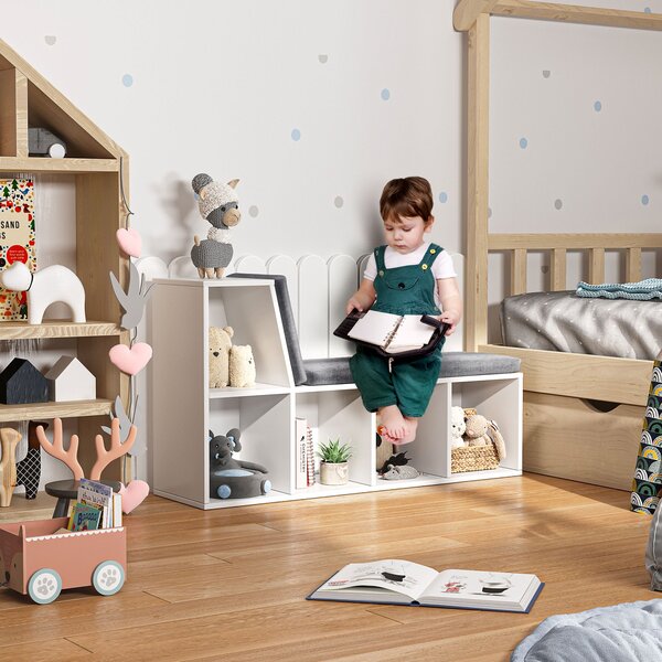 HOMCOM 2-in-1 úložná lavice s 5 přihrádkami a 2 polštářky, knihovna 108 x 30 x 60 cm, bílá šedá | Aosom