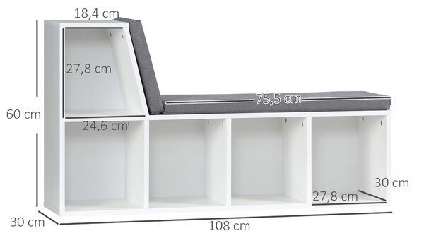 HOMCOM 2-in-1 úložná lavice s 5 přihrádkami a 2 polštářky, knihovna 108 x 30 x 60 cm, bílá šedá | Aosom