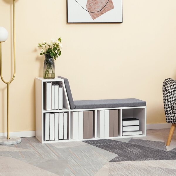 HOMCOM 2-in-1 úložná lavice s 5 přihrádkami a 2 polštářky, knihovna 108 x 30 x 60 cm, bílá šedá | Aosom