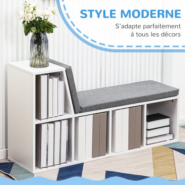 HOMCOM 2-in-1 úložná lavice s 5 přihrádkami a 2 polštářky, knihovna 108 x 30 x 60 cm, bílá šedá | Aosom
