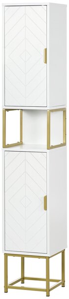 Kleankin koupelnová skříň s nikou a 2 skříňkami, nastavitelná polička, zlaté ocelové nohy, 30L x 30W x 170,7H cm, bílá | Aosom