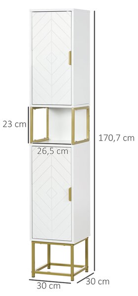 Kleankin koupelnová skříň s nikou a 2 skříňkami, nastavitelná polička, zlaté ocelové nohy, 30L x 30W x 170,7H cm, bílá | Aosom
