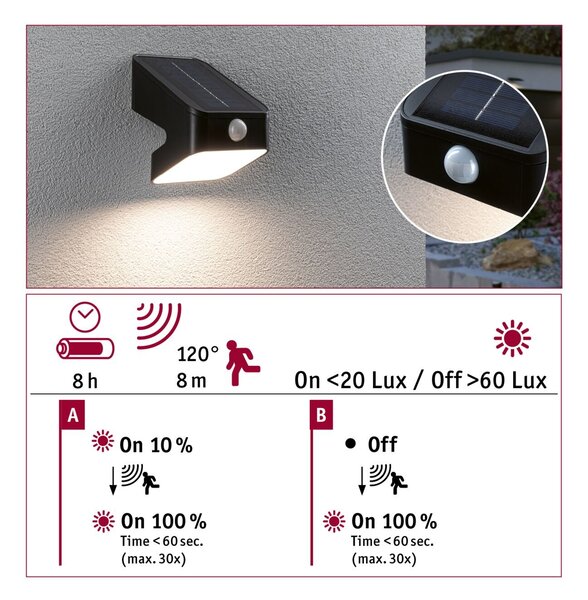 P 94608 Solární LED osvětlení zdí Lesly pohybové čidlo (IR) IP65 hranaté 113x126mm 3000K 5,5W antracit umělá hmota - PAULMANN