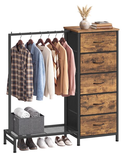 SONGMICS, stojan na oblečení 3 v 1 s 5 zásuvkami a věšákovou tyčí, rozměry 96,2 x 30 x 117,7 cm, barva: hnědá