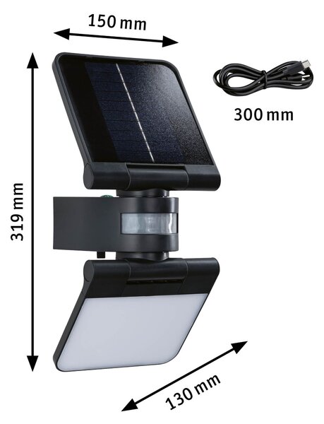 P 94609 Solární LED osvětlení zdí Lesla pohybové čidlo (IR) IP65 hranaté 150x130mm 3000K 12,5W antracit umělá hmota - PAULMANN