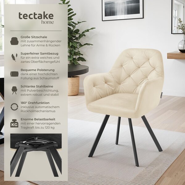 Tectake® Otočné sametové křeslo Lucia čalouněné, s prošívaným vzorem 58 x 58 x 87 cm