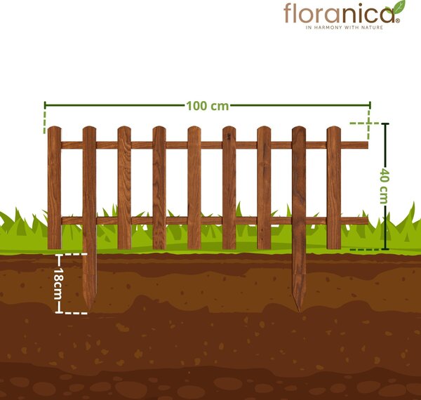 Floranica ozdobný plot ze dřeva 100 x 40 cm hnědý (impregnovaný) zapichovací zahradní plot pro ohraničení záhonů, okraj trávníku