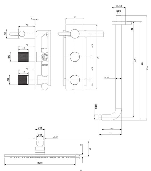 Omnires Contour sprchová sada pod omítku s dešťovou sprchou zlatá SYSCT10GLB