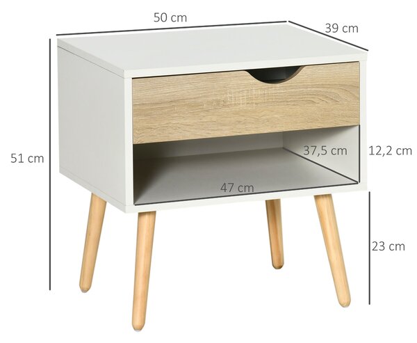 HOMCOM Noční stolek s šuplíkem, moderní design, nohy z masivu, 50 x 39 x 51 cm, bílý a přírodní dřevo | Aosom