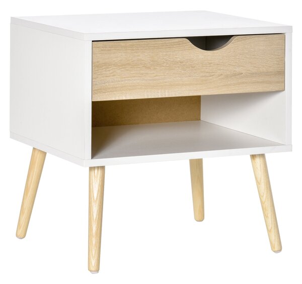 HOMCOM Noční stolek s šuplíkem, moderní design, nohy z masivu, 50 x 39 x 51 cm, bílý a přírodní dřevo | Aosom