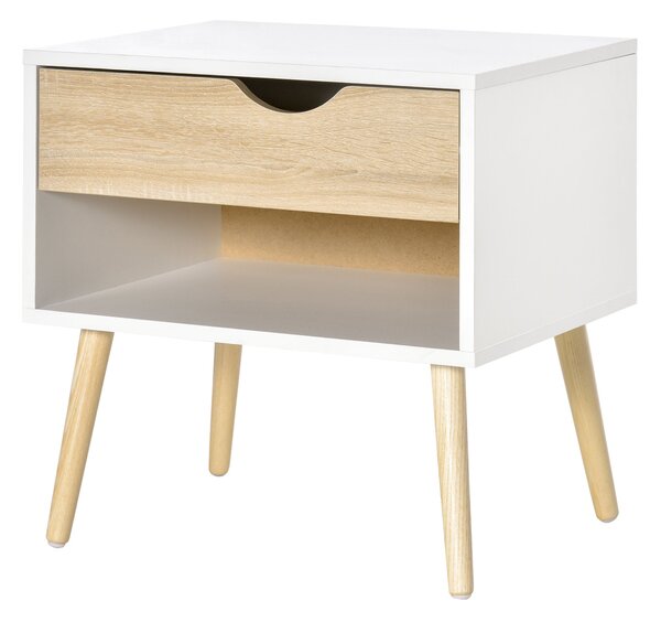 HOMCOM Noční stolek s šuplíkem, moderní design, nohy z masivu, 50 x 39 x 51 cm, bílý a přírodní dřevo | Aosom
