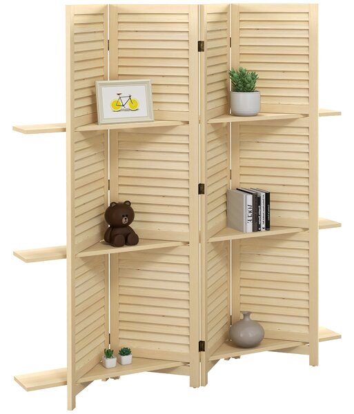 HOMCOM Příčka do interiéru 4 panely 160D x 170V cm 3 skládací police s žaluzkovými dveřmi z přirozeného paulovního dřeva | Aosom