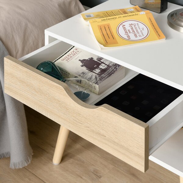 HOMCOM Noční stolek s šuplíkem, moderní design, nohy z masivu, 50 x 39 x 51 cm, bílý a přírodní dřevo | Aosom