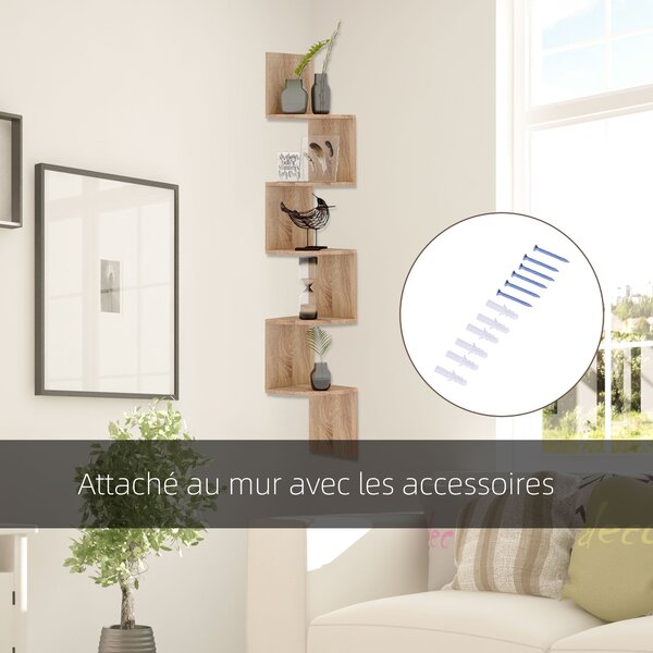 HOMCOM Zigzag Rohová Polička 20 D x 20 Š x 126 V cm 5 Úrovní Světlý Ořech | Aosom