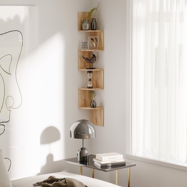 HOMCOM Zigzag Rohová Polička 20 D x 20 Š x 126 V cm 5 Úrovní Světlý Ořech | Aosom