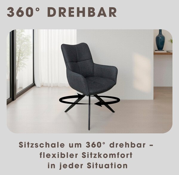 Jídelní židle byLIVING, set 2 kusů, model HAMILTON, otočná o 360 stupňů, potah z tkaniny, tmavě šedá barva, kovová konstrukce, černá barva, kuchyňská židle s područkami, rozměry: šířka 57, výška 90, hloubka 63 cm