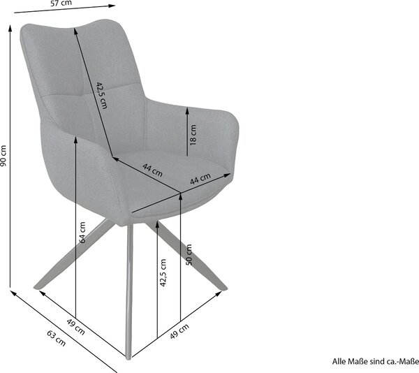 Jídelní židle byLIVING, set 2 kusů, model HAMILTON, otočná o 360 stupňů, potah z tkaniny, tmavě šedá barva, kovová konstrukce, černá barva, kuchyňská židle s područkami, rozměry: šířka 57, výška 90, hloubka 63 cm