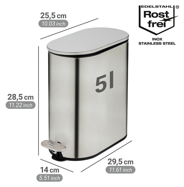 WENKO Kosmetický koš Mod Collungo Pedálový koš 5 l Nerezová ocel satinovaná s automatickým zavíráním Easy-Close Povlak proti otiskům prstů 14 x 28,5 x 29,5 cm