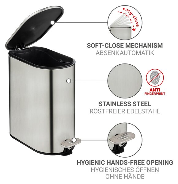 WENKO Kosmetický koš Mod Collungo Pedálový koš 5 l Nerezová ocel satinovaná s automatickým zavíráním Easy-Close Povlak proti otiskům prstů 14 x 28,5 x 29,5 cm