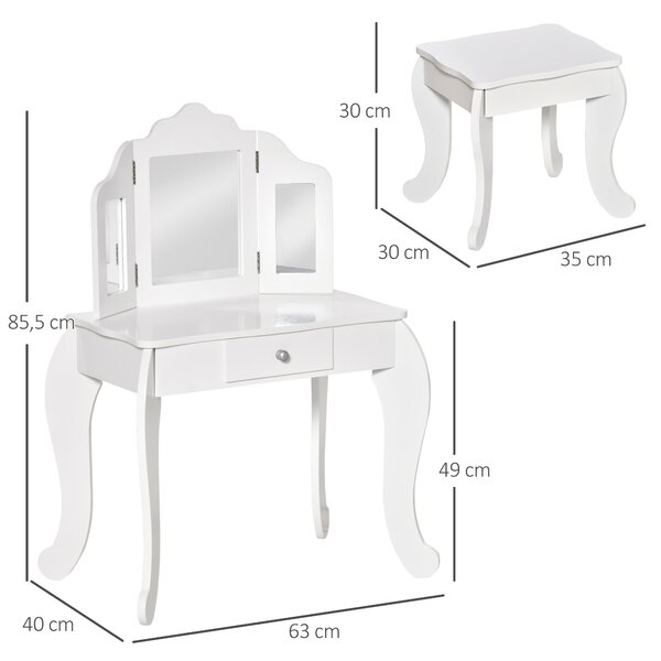Dětský toaletní stolek s taburetem, triptychem zrcadel a posuvným zásuvkou - Rozměry toaletního stolku 63D x 40Š x 85,5V cm - Bílý akryl | Aosom