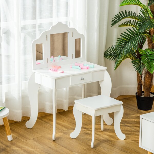 Dětský toaletní stolek s taburetem, triptychem zrcadel a posuvným zásuvkou - Rozměry toaletního stolku 63D x 40Š x 85,5V cm - Bílý akryl | Aosom